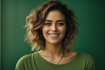 Fototapeta premium Portrait of a smiling woman looking at camera isolated over green background