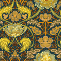 Seamless pattern, ornament with leotard and cinquefoil, flowers and leaves on a gray and brown background in Morris style. Large format. Digital illustration. Suitable for interior, wallpaper, fabrics - obrazy, fototapety, plakaty