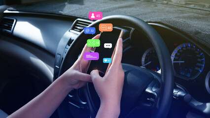 Woman using social media and digital online marketing concepts on mobile phones with icons such as notifications, messages, comments on the smartphone screen in car.