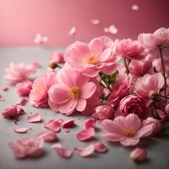 Fototapeta na wymiar Pink Elegance: Exquisite Pink Flowers and Fluttering Petals on Soft Pink Background