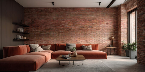 Interior of modern living room with accent coffee table, classical sofa and armchairs, room in brown color, the brick wall, modern furniture, light style