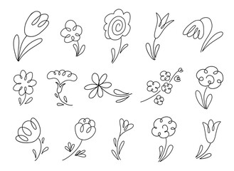 Black line doodle flowers set. Hand drawn vector illustration collection isolated on white background.