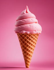 Pink ice cream with cone on a smooth gradient pink background - Generative AI	