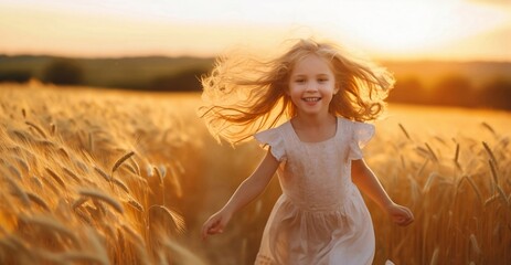 Portrait of cute smiling little girl running along a field of ripe wheat on sun rays glowing background. Healthy happy childhood communicating with nature in the fresh air. Summer vacation concept