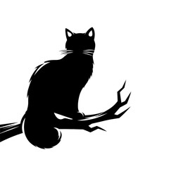 Silhouette of a black cat sitting on a tree branch on a white background