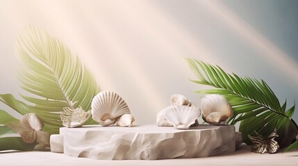 Close up stone pieces podium stand with green palm leaves, sea shells decorations with bokeh light, shadow on background. Mock up template Product display presentation rendering 3d