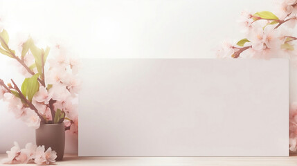 Naklejka na ściany i meble Empty white rectangle poster mockup with spring flowering tree branch with white flowers on pastel beige background. Flat lay, top view minimal pedestal for beauty, cosmetic product presentation