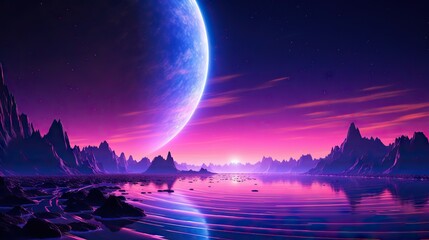 Synthwave Horizons Science Fiction Space Landscape with a Large Blue Planet, Purple Wavy Surface, Cyberpunk 3D Graphics on a Wide Night Banner Background. created with Generative AI