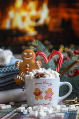 A cup of hot, aromatic cocoa with marshmallows, a calendar for 2024, a New Year's mood.