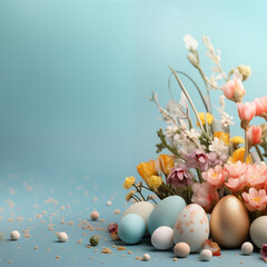 Fototapeta na wymiar easter eggs and flowers light blue