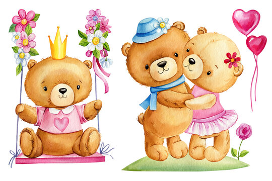 Pair Teddy, bear on a swing, pink flowers on isolated white background. Watercolor illustration, cute baby bear