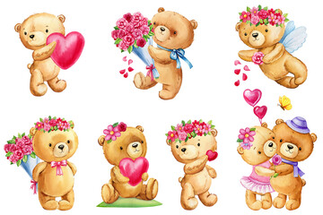 Teddy bear Happy Valentine's Day set, Cupid, gift, roses flowers and heart on isolated white background. Watercolor love
