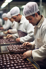 Professional men work on a conveyor belt in a confectionery factory with chocolate - obrazy, fototapety, plakaty