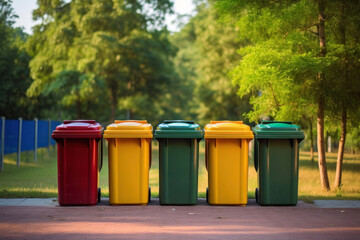 Multi-colored trash cans with garbage	
