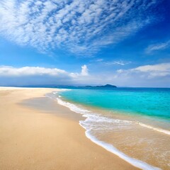 Fototapeta na wymiar Beautiful sandy beach with white sand and rolling calm wave of turquoise ocean on Sunny day 