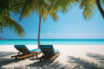 Two luxury sun loungers on a tropical white sand beach - obrazy, fototapety, plakaty