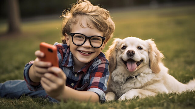 Funny image of a child playing and spending time with his dog 