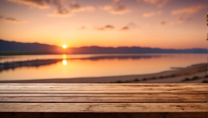 Fototapeta na wymiar empty wooden table and blurred romantic sunset
