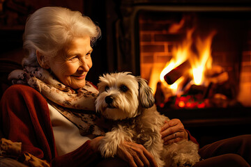 Senior woman with a dog on her lap near the fireplace