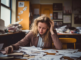 Young woman stressed out, tired and overwhelmed sitting at a table strewn with papers - obrazy, fototapety, plakaty