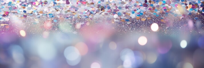 Blurred silver background with confetti and sparkles, bright colorful background, banner