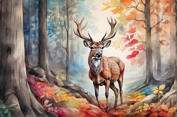 Beautiful deer in the forest. Watercolor illustration