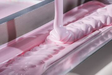 Closeup set pink souffle marshmallows sweets on conveyor automatic line factory.
