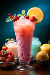 Soft Serve Ice Cream With Fruit Cocktail Topping And Strawberry Syrup. Cooling cocktail with strawberries and orange, design of a modern menu for drinks