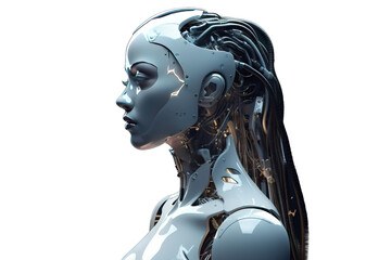 datum connection connect computer woman head future technology cyberspace cyber human cyborg intelligence 3d rendering female robot isolated black background Futuristic artificial intelligence
