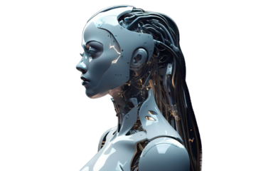 datum connection connect computer woman head future technology cyberspace cyber human cyborg intelligence 3d rendering female robot isolated black background Futuristic artificial intelligence