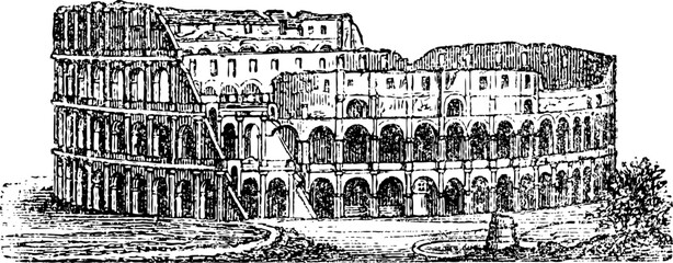The Colosseum in Rome Italy, vintage engraved art line drawing.