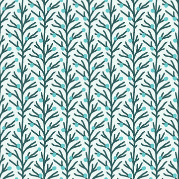 Seamless vector pattern with hand-drawn juniper sprigs with berries on a light green background. Festive holiday botanical design for fabric, wallpaper, wrapping paper, digital scrapbooking.