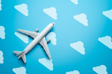 Flight airline plane flies in the blue sky, concept. Search for cheap plane tickets. Airline...