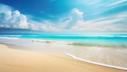 Fototapeta na wymiar Beautiful sandy beach with white sand and rolling calm wave of turquoise ocean on Sunny day