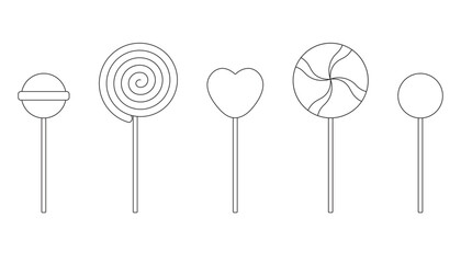 Set of isolated sweet various candies in stick in outline style on white background for icons, patterns, wallpapers, backgrounds