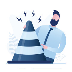 Businessman with warning traffic cone, road safety barrier. Website under construction, error 404. Restricted access. Concept of caution, dangerous area, service under maintenance