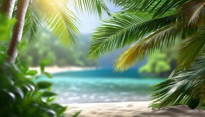 Beautiful jungle beach lagoon view, palm trees and tropical leaves, can be used as background