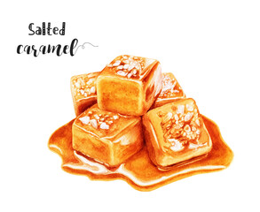 Watercolor illustration of salted caramel dessert close up. Design template for packaging, menu, postcards.