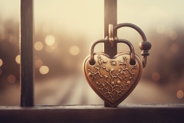 A heart-shaped lock attached to a rustic wooden gate on a sepia background. secure