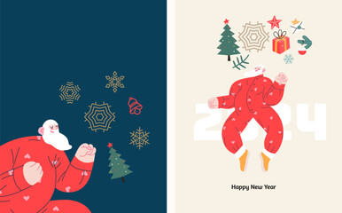 Christmas postcards with Santa Claus - modern flat vector concept illustrations of the Christmas and New Year symbols, vertical postcards set