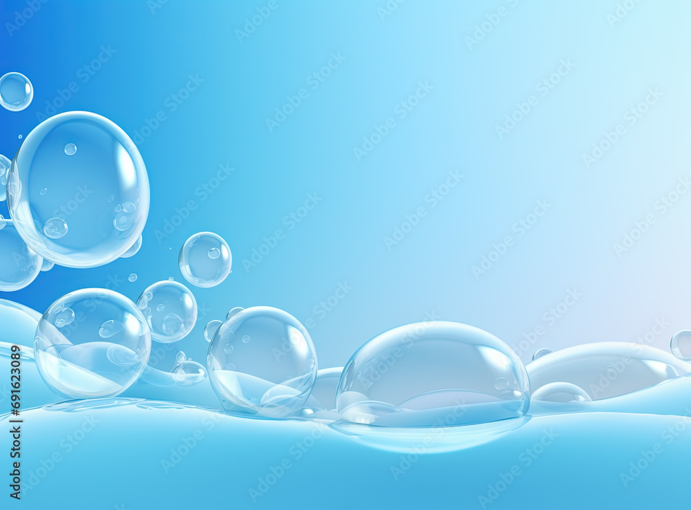 Poster Soaring bubbles on blue background. Abstract soap bubbles floating background