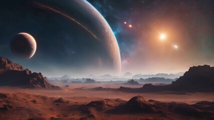 Fictional image of a planet in a colorful landscape of space full of solar clouds and shiny stars