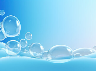Soaring bubbles on blue background. Abstract soap bubbles floating background
