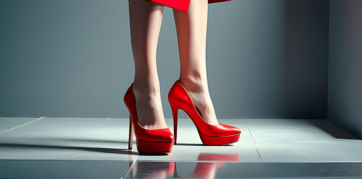 Closeup on woman's feet wearing red high heels.