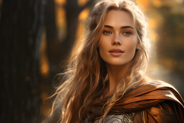 Naklejka premium Beautiful young woman with long hair and fantasy or medieval style attire. Realistic portrait of goddess from Nordic mythology