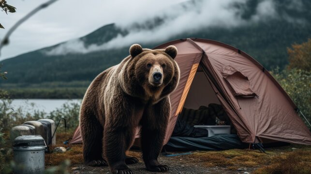 A brown bear stands next to a tourist tent