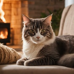 Naklejka na ściany i meble Cozy Home A cat lounging on a comfortable sofa or curled up by a fireplace in a cozy living room