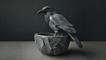 Statue eines Raben / Krähe auf einer Tasse aus Stein vor dunklem schwarzen Hintergrund