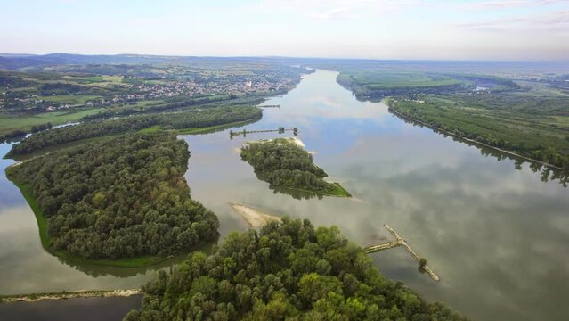 Islands in river Danube and land surrounding the river viewed from above