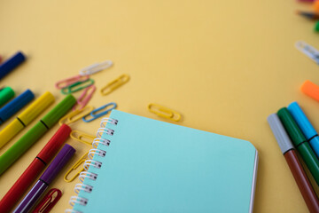 study, school, college, university, lesson, courses, notebook, notebook, pens, teacher, write down, yellow, blue.
